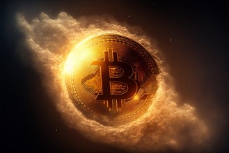 Gold bitcoin coin in space