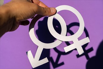 A man holding the male and female symbol on a purple background