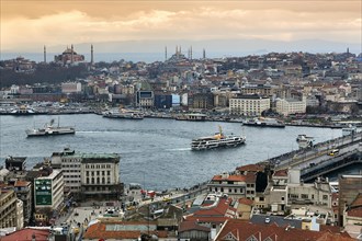 Panoramic view from the Galata Tower of Golden Horn with ferries