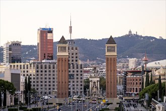 Panoramic of Plaza Espana seen from Montjuic in the city of Barcelona