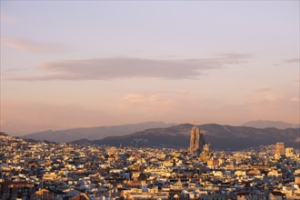 Aerial panorama of the city of Barcelona and the basilica of the Sagrada Familia of the architect Antonio Gaudi