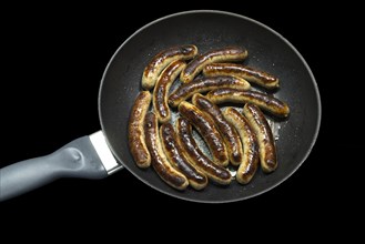 Freshly roasted Nuremberg sausages in a pan
