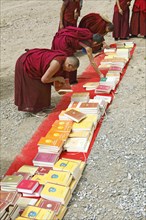 Monks looking at books on the floor