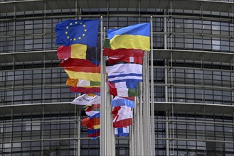 Ukrainian and EU flag in the wind in front of the European Parliament