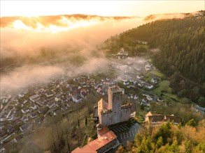Castle at sunrise with fog in the town