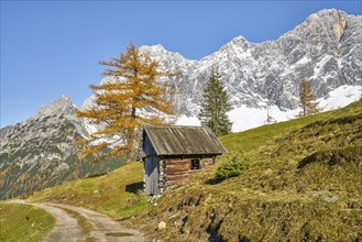 Hay barn in front of mountain scenery in autumn
