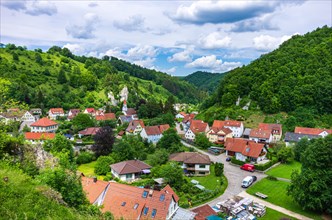 View over the village of Seeburg on the Swabian Alb between Bad Urach and Muensingen