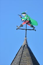 Figure of the robber Schinderhannes with pistol and historical clothing as a weather vane on the Schinderhannes Tower