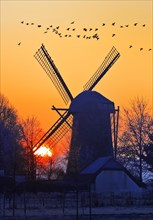 Dueffellandschaft with the windmill in Mehr at sunrise