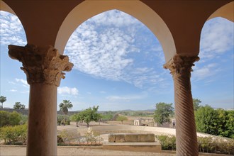 View through columns from the temple in the UNESCO Alcazaba built 9th century in Merida