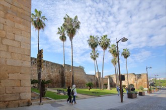 Plaza de las Meridas del mundo with historic city wall from the Alcazaba city fortress in Merida