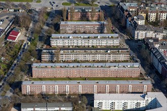Aerial view of the Wiesendamm row buildings. The terraced housing was built between 1928 and 1931. It was an experimental settlement of the Reichsforschungsgesellschaft fuer Wirtschaftlichkeit im Bauw...