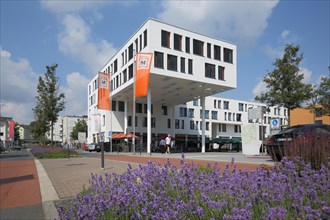 Modern building on the market square in Kelheim