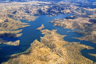 Aerial view of the Embalse de Montoro 1 reservoir in the Sierra Madrona