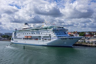 The cruise ship Birka Stockholm at the quay wall of the Warnemuende Cruise Center in the port of Rostock-Warnemuende