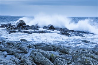 Stormy sea dashes against rocks at dawn in the blue hour