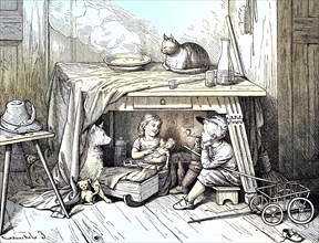 Boy secretly smoking a pipe under the table. Children playing family with doll and pets