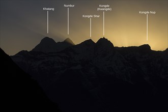 Kongde and other peaks of Rolwaling Himal backlit by the setting sun