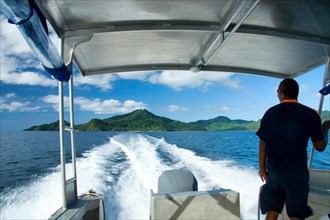 View of Qamea island from motor boat
