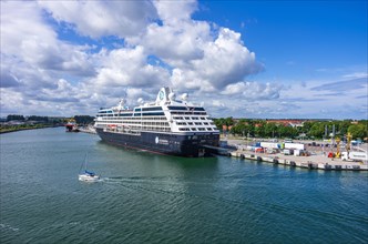 The cruise ship Azamara Quest at the quay wall of the Warnemuende Cruise Center in the port of Rostock-Warnemuende