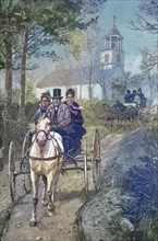 American farm family on their way home in a horse-drawn carriage after attending church