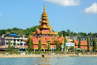 Buddhist temple with tower pagoda on Kawthaung waterfront formerly Victoria Point