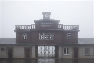 Gate to the beech forest concentration camp in the fog