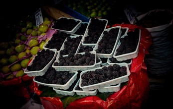 Blackberries in a plastic package on sale on a Turkish street bazaar