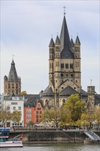 View from the Rhine bank Cologne Deutz over the Rhine to Romanesque church Gross St. Martin