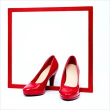 Square red frame set off against a white background. Red high heels protrude from the frame