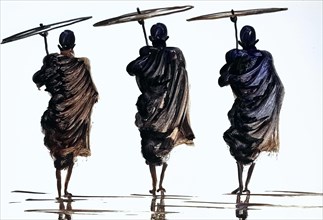 Three Monks with Parasol