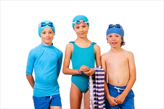 Children dressed in swimsuits for swimming lessons in the pool. White background