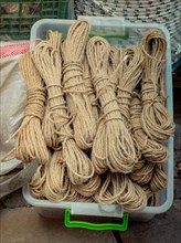 Bundle of linen rope in a market place