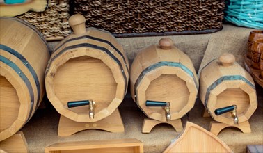 Barrels made of wood in a stock in view
