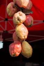 Pears hanging in view in a Turkish street bazaar
