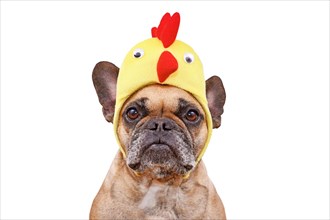 Funny French Bulldog dog wearing Easter costume chicken hat on white background