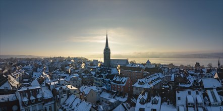 Aerial view of the town of Radolfzell on Lake Constance in winter with the Radolfzell Minster District of Constance