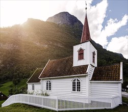 Scandinavias smallest stave church in Undredal on the Aurlandsfjord in Norway