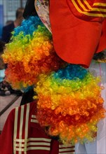 Closeip of rainbow colored clown wig in the view