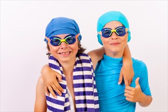 Brothers dressed in swimsuits for swimming lessons in the pool. White background