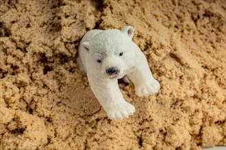 Polar bear model placed on sand background in view