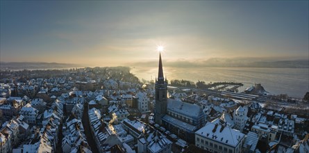 Aerial view of the town of Radolfzell on Lake Constance in winter with the Radolfzell Minster District of Constance