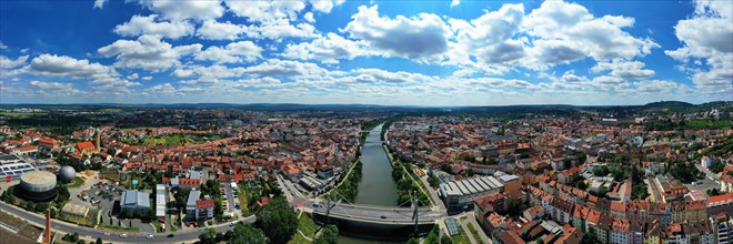 Aerial panorama over the historic old town of Bamberg between the river Regnitz and the river Main. Bamberg