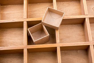 Open cardboard box inside a wooden box with compartments