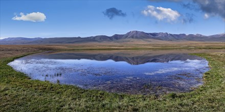 Mountains reflecting in a lake along the At-Bashy Range