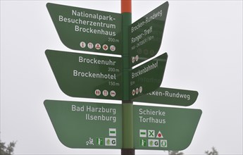 Signpost in the Harz Mountains at the Brocken