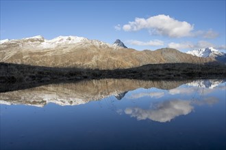Reflection and view of the mountains at the Bernina Pass
