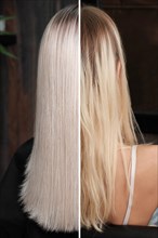 Woman before after dyeing her hair. Rear view