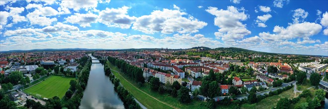Aerial panorama over the historic old town of Bamberg between the river Regnitz and the river Main. Bamberg