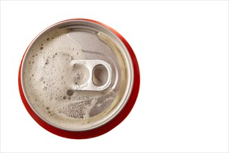 Top view of an out-of-focus beer can on a white background